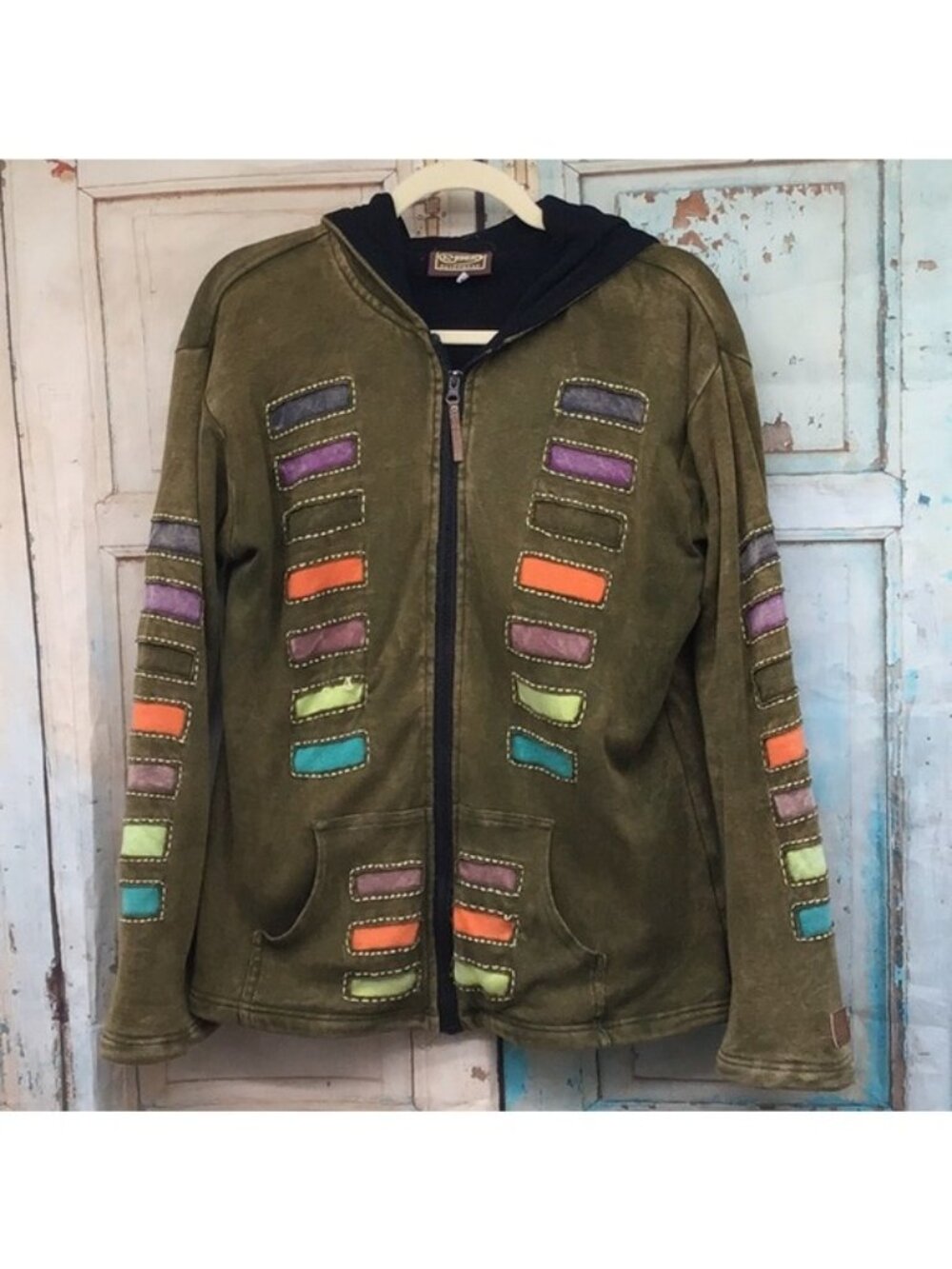 Kyber Womans L Olive Green Fleece Hoodie Colorful Patchwork Design Pocket